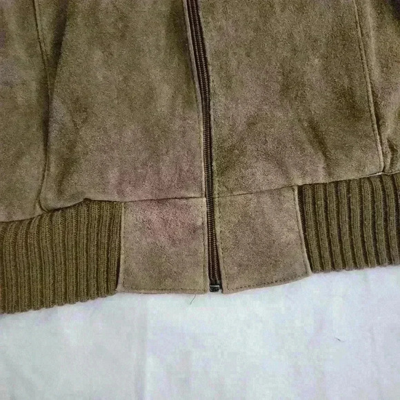 Vintage Leather & Knit Bomber Jacket 80s/90s Mixed Media Zip-Up Brown Retro M - Picture 7 of 13